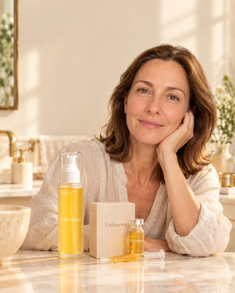 Femme souriante avec l'huile corps botanique et le sérum coréen Embrunes